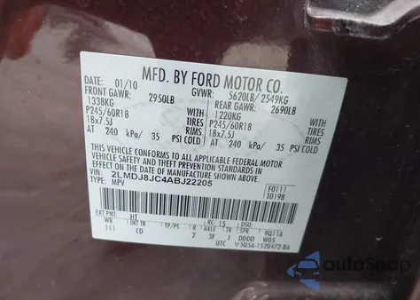 2010 Lincoln Mkx z USA, uszkodzony, nr VIN 2LMDJ8JC4ABJ22205